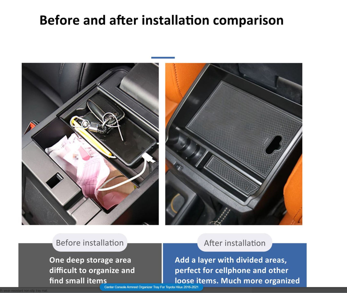 Toyota Fortuner/Hilux 2016+  Center Console Storage Tray With Rubber Matt